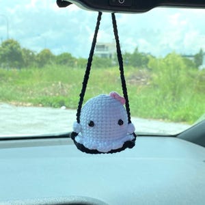 Crochet Ghost On A Swing Car Charm, Cute Ghost With Bow Swinging Car Mirror Hanger, Ghost Plushie Halloween Decor, Halloween Car Accessory