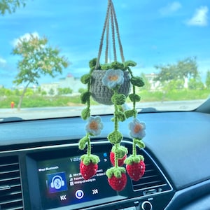 Handmade Crochet Strawberry Plant Pot Car Mirror Hanging, Crochet Strawberry Basket Car Accessories For Women, Gifts For Plant Lover