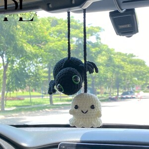 Crochet Ghost And Spider Car Charm Spooky, Cute Ghost Spider Rear View Mirror Ornament, Fall Halloween Car Accessories Halloween Car Decor