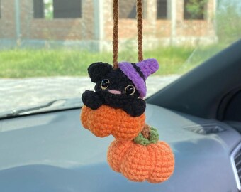 Crochet Black Cat And Pumpkin Halloween Rear View Mirror Accessories Decoration, Black Cat Plushie, Pumpkin Fall Car Decor, Halloween Gift
