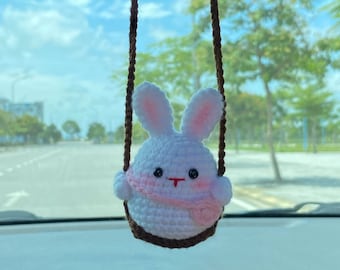 Cute Swinging Bunny Car Mirror Hanging Accessories, Crochet Rabbit Ornaments, New Car Gift Idea, Gift For Her, Car Decorations, Car charm