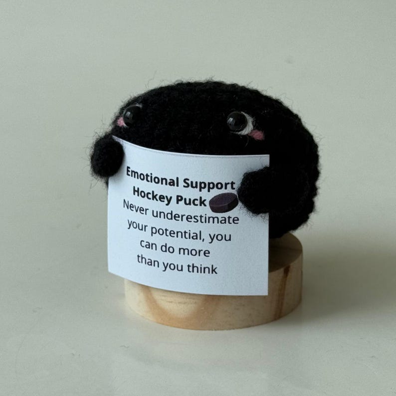 May include: A black felt hockey puck with a white face and a black felt hockey puck on top. The puck is holding a sign that says "Emotional Support Hockey Puck Never underestimate your potential, you can do more than you think."