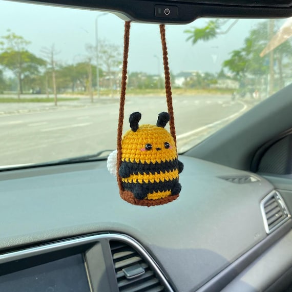 Cute Swinging Bee Car Mirror Hanging Accessories, Crochet Bee