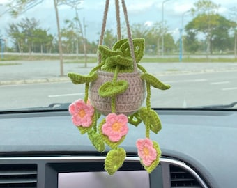 Planta Monstera colgante de ganchillo para coche, decoración para espejo retrovisor, planta suculenta colgante, accesorio para coche, regalo para mamá, regalo de cumpleaños para ella y su mujer.