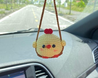 Crochet Baby Chicken Swinging Car Hanging, Cute Chicken Rear View Mirror Car Accessory, Chicken Car Charm Decoration, New Car Gift For Her