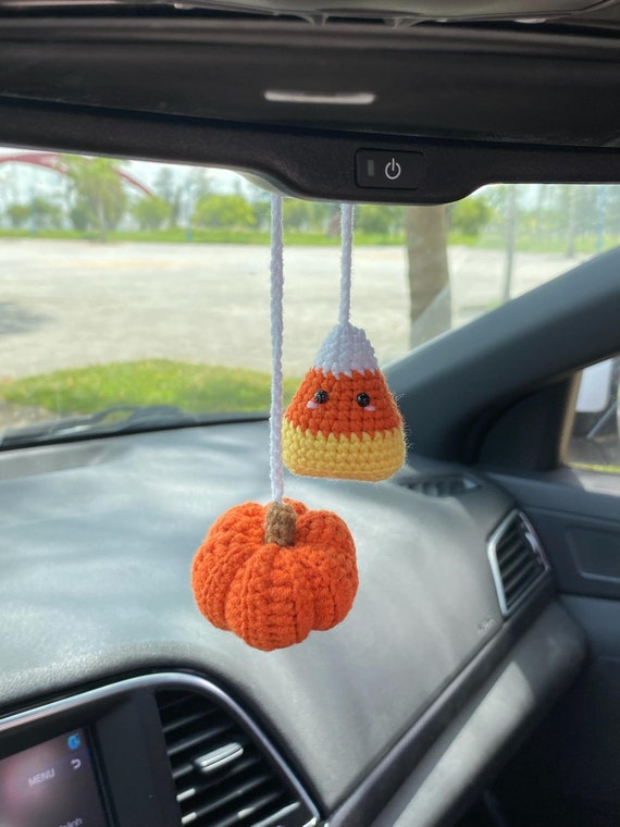 Crochet Pumpkin and Candy Corn Car Charm, Cute Candy Corn Pumpkin