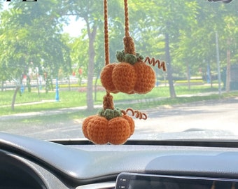 Crochet Fall Pumpkin Car Rear View Mirror Accessory, Crochet Fall Car Decorations, Fall Halloween Car Ornament, Car Pendant Hanging