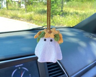 Crochet Ghost Car Charm, Ghost With Sunflower Headband Car Mirror Hanger, Ghost Plushie Halloween Decor, Halloween Car Accessory