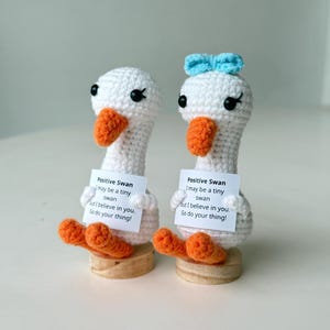 May include: Two handmade crochet swans. They have white bodies, orange beaks and feet, and black eyes. One swan has a blue bow. Each swan holds a sign with the text: "Positive Swan, I may be a tiny swan but I believe in you. Go do your thing!"