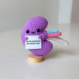 Op de afbeelding: Een gehaakt, niervormig pluche speelgoed in paars met zwarte veiligheidsoogjes en een kleine glimlach. Het houdt een wit bordje vast met de tekst YOU'RE AWESOME! NO KIDNEY-ING! Drie kleine, kleurrijke gehaakte buisjes in blauw, roze en wit.