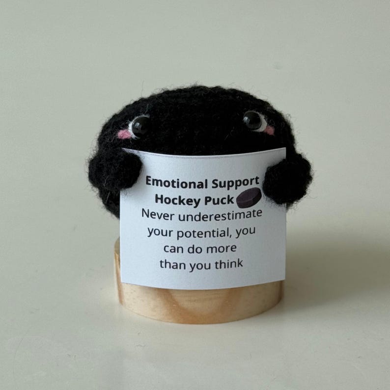 May include: Black felt hockey puck with a pink nose and eyes, holding a sign that reads "Emotional Support Hockey Puck Never underestimate your potential, you can do more than you think".