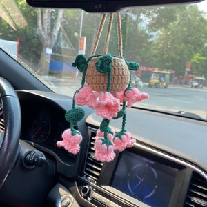 Adorno colgante de lirio de los valles a crochet para coche, colgante para suculentas, bonito accesorio para coche para mujer, decoración para espejo retrovisor, regalo de cumpleaños para coche nuevo