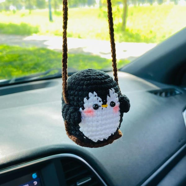 Cute Swinging Penguin Car Mirror Hanging Accessories, Crochet Penguin Ornaments, New Car Gift Idea, Gift For Her, Car Decorations, Car Charm