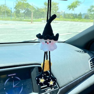 Crochet Ghost Halloween Rear View Mirror Accessories Decoration, Ghost Car Charm, Ghost Car Ornament, Fall Car Decor, Cute Halloween Gift