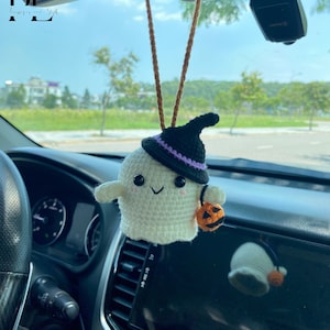 Crochet Cute Ghost Holding Pumpkin Bag Car Charm, Crochet Ghost Hanging Decor, Fall Halloween Car Ornament, Car Decoration Pendant Hanging