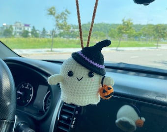 Crochet Cute Ghost Holding Pumpkin Bag Car Charm, Crochet Ghost