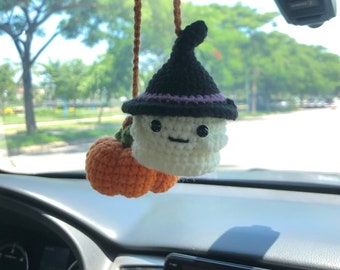 Crochet Ghost And Pumpkin Car Charm Spooky, Cute Ghost Pumpkin Rear View Mirror Ornament, Fall Halloween Car Accessories Halloween Car Decor