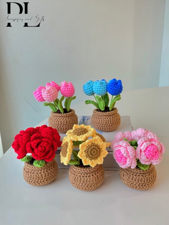 Flores De Crochet Rosas De Punto En Maceta, Mini Flores De