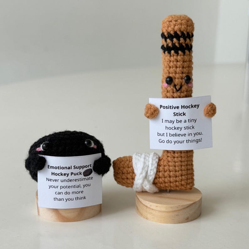 May include: Two crocheted hockey-themed plushies. A black hockey puck with a white face and the words "Emotional Support Hockey Puck" and "Never underestimate your potential, you can do more than you think". A brown hockey stick with a white face and the words "Positive Hockey Stick" and "I may be a tiny hockey stick but I believe in you. Go do your things!"