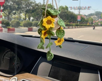 Crochet Monstera Plant Car Mirror Hanging, Plant Lover Decor, House Plant Decor, Crochet Sunflower Basket, Car Accessories For Women