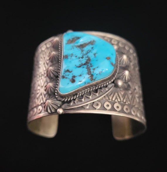 Native American Huge Kachina Head Royston Turquoise Wide Sterling Silver Bracelet Cuff 106 Grams Native American Huge Kachina Head Royston Turquoise Wide Sterling Silver Bracelet Cuff 106 Grams