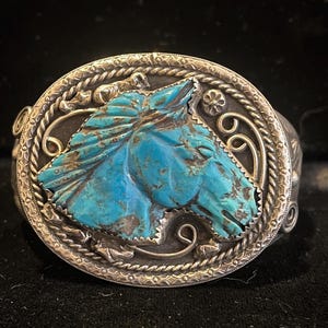 Native American Important Hand Carved Horse Turquoise Sterling Silver Bracelet Francisco Gomez Native American Important Hand Carved Horse Turquoise Sterling Silver Bracelet Francisco Gomez
