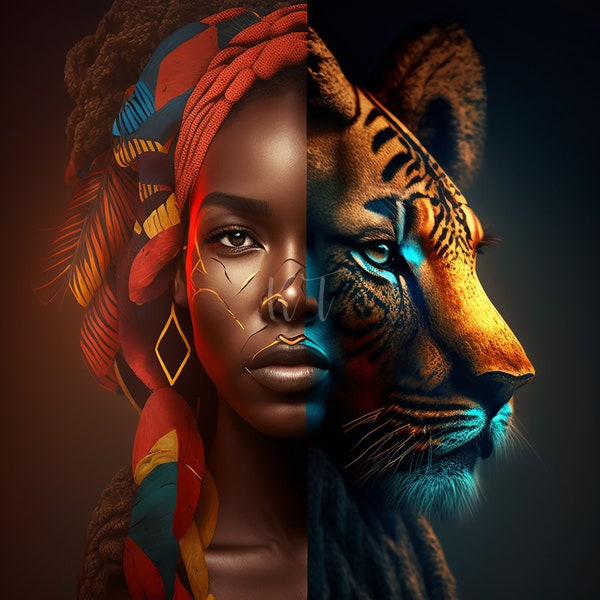 Art mural de lionne africaine - Style réaliste vibrant, Téléchargement numérique imprimable, Généré par AI, Décoration d'intérieur, Culture africaine