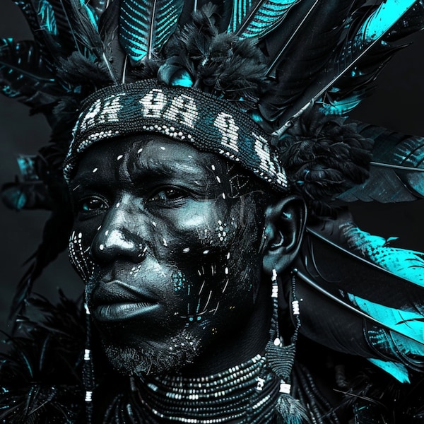 Tribal Echoes: Cyan Aura - AI Enhanced Tribal Warrior Art Print, Museum poster, African art , Black and Neon colours art, XL Wall art