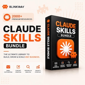 Może przedstawiać: Czarno-pomarańczowe pudełko produktu cyfrowego z napisem CLAUDE SKILLS BUNDLE, białą ikoną gwiazdy i pikselową postacią. Pudełko zawiera tekst, w tym 2000+ PREMIUM RESOURCES oraz kategorie dotyczące copywritingu e-mailowego, tworzenia treści, badań i strategii rozwoju.