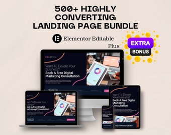 May include: A digital marketing bundle advertisement featuring a desktop computer, laptop, tablet, and smartphone displaying a website. The text reads "500+ Highly Converting Landing Page Bundle" and "Book a Free Digital Marketing Consultation."