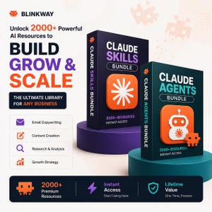 May include: Two rectangular boxes labeled Claude Skills Bundle and Claude Agents Bundle, featuring orange icons of a starburst and a robot. The text reads Blinkway, Build Grow & Scale, and 2000+ Resources. Includes lists for email, content, research, and growth.