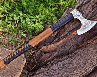 Custom Gift Forged Carbon Steel Viking Axe Hatchet Rose Wood Shaft, Bearded Camping Axe, Best Birthday & Anniversary Gift For Him