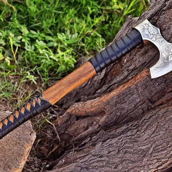 Custom Gift Forged Carbon Steel Viking Axe Hatchet Rose Wood Shaft, Bearded Camping Axe, Best Birthday & Anniversary Gift For Him