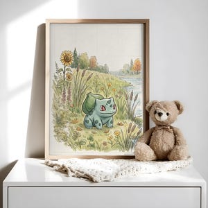 Bulbasaur Meadow Watercolor Print | Vintage Storybook Forest Art | Cute Gaming Nursery Digital Download | 4 Sizes Included