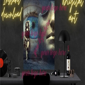 May include: A digital art print depicting a woman standing in front of a brick wall with a large eye and a broken mask. The print is framed and hanging on a wall in a room with a black desk, a lamp, a record player, and a bottle of wine.
