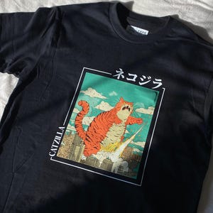 Japanese Shirt Catzilla Japanese T-shirt Gift for Men Son Friend Japanese Anime Lover Neko Cat Funny Gift Japanese Words Graphic T Shirt image 1