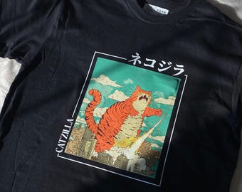 Japanese Shirt Catzilla Japanese T-shirt Gift for Men Son Friend Japanese Anime Lover Neko Cat Funny Gift Japanese Words Graphic T Shirt