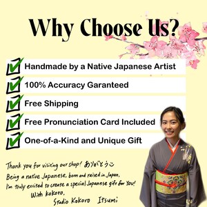 Puede incluir: Imagen con el texto "Why Choose Us?" y una lista de beneficios, incluyendo hecho a mano por un artista japon&eacute;s. Una mujer con un kimono sonr&iacute;e. El texto tambi&eacute;n incluye un mensaje de agradecimiento y el nombre de la tienda.