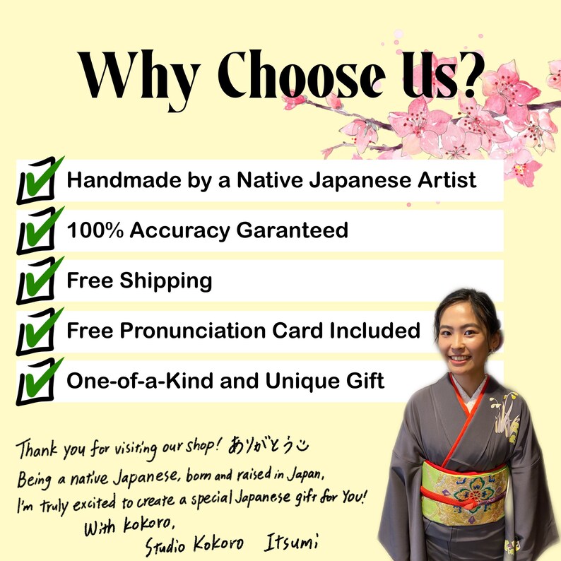 Puede incluir: Imagen con el texto "Why Choose Us?" y una lista de beneficios, incluyendo hecho a mano por un artista japon&eacute;s. Una mujer con un kimono sonr&iacute;e. El texto tambi&eacute;n incluye un mensaje de agradecimiento y el nombre de la tienda.