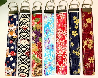 Wristlet Keychain Japanese Gift Lanyard Floral Key Fob Cherry Blossom Fabric Kimono Kawaii Keychain Japanese Keychain for Her Him Anime Gift