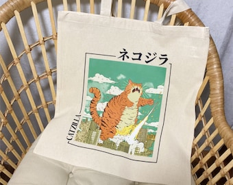 Japanese Tote Bag Catzilla Japanese Gift Unique Kawaii Tote Bag Anime Birthday Gift for Women Men Japan Travel Bag Funny Gift for Cat Lover