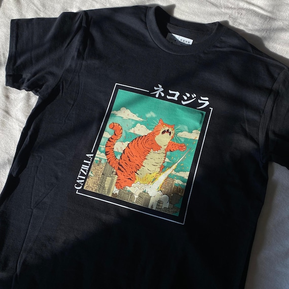 Japanese Shirt Catzilla Japanese T-shirt Gift for Men Son Friend Japanese Anime Lover Neko Cat Funny Gift Japanese Words Graphic T Shirt
