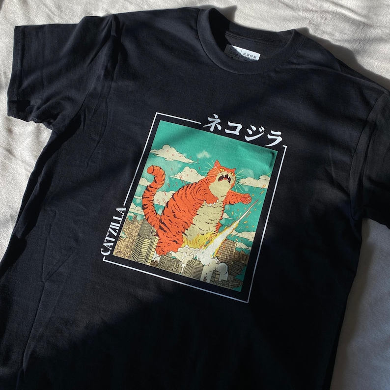 Japanese Shirt Catzilla Japanese T-shirt Gift for Men Son Friend Japanese Anime Lover Neko Cat Funny Gift Japanese Words Graphic T Shirt image 1