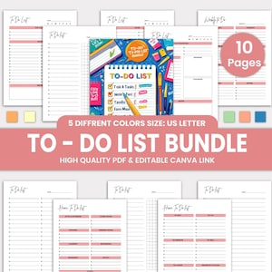 Printable To Do List Bundle, To do list planner, Canva Template, Daily Planner, Task Tracker, US Letter, To do list Template