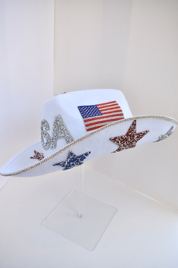 Rhinestone Cowboy Hat in American Flag USA in White AMERICAN FLAG USA Rhinestone Cowboy Hat Red White and Blue  main image 4