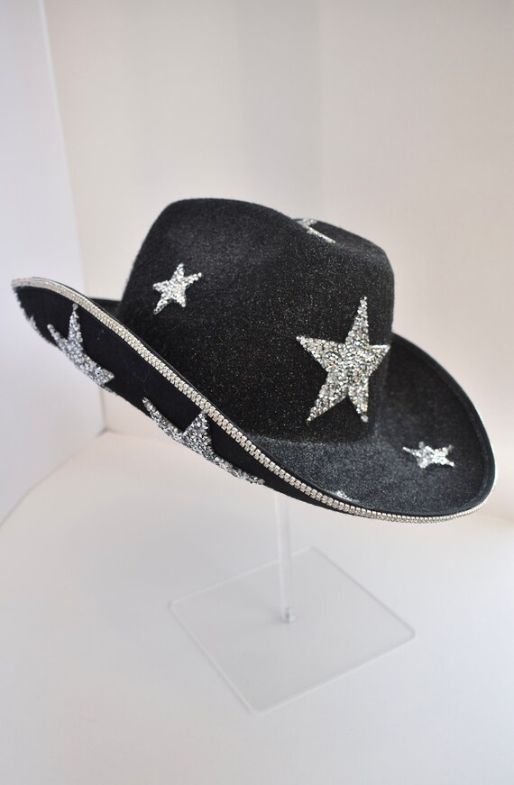 Star Girl | Black Glitter Rhinestone Star Cowgirl Hat  display picture 2