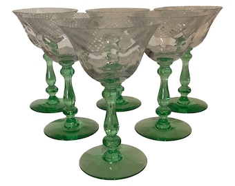 Unbranded Antique ‘20s-‘30s Etched Cocktail Goblets Uranium Glass Stem Set of 6