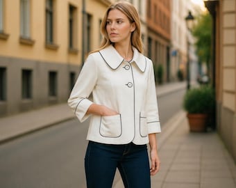 Chaqueta estilo swing blanca vintage con cuello Peter Pan y ribete negro, de algodón, estilo retro chic, ligera, talla grande.