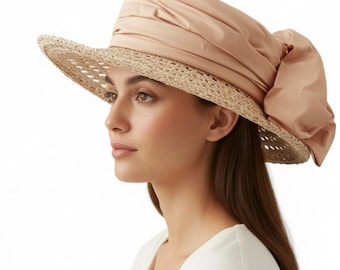 ヴィンテージ エリック・ジャビッツ ピーチ バケットハット、大きなリボン、麦わらつば、サイズ 7 1/8