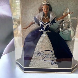 black barbie doll blue dress 2000s Barbie Doll Special Edition Millennium Princess 2000 Navy Blue Dress Silver